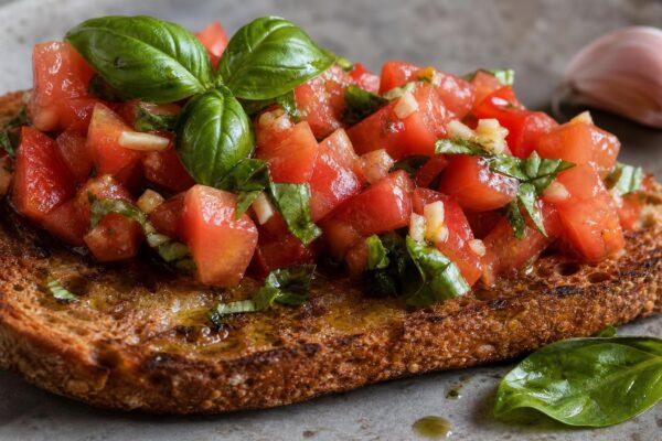 Fertiges Gericht aus einer alternativen Perspektive. Rezept: Tomaten-Bruschetta mit Basilikum
