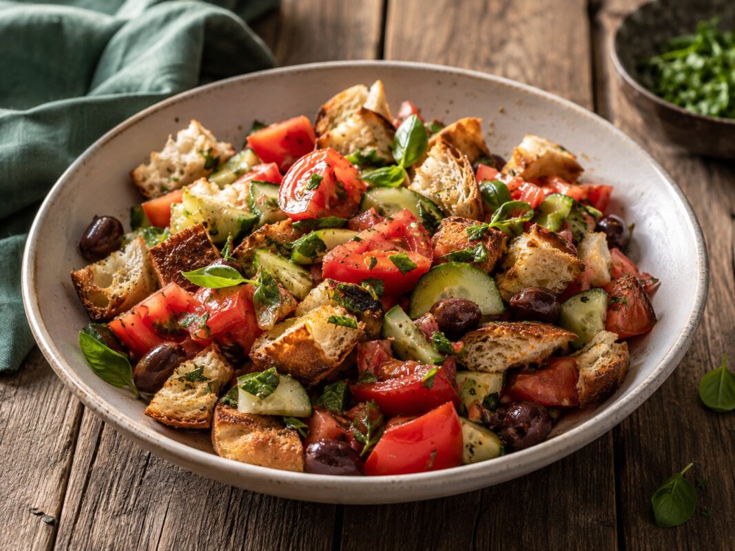 Große Schale mit Panzanella aus Brotwürfeln, Tomaten, Gurken, schwarzen Oliven und Basilikum.