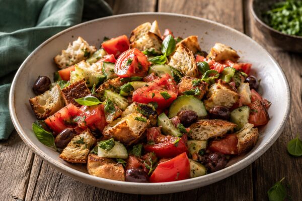 Große Schale mit Panzanella aus Brotwürfeln, Tomaten, Gurken, schwarzen Oliven und Basilikum.