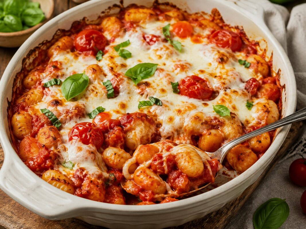 Ofenfrische Gnocchi in roter Tomatensauce mit geschmolzenem Mozzarella, Cherrytomaten und Basilikum in einer weißen Auflaufform.