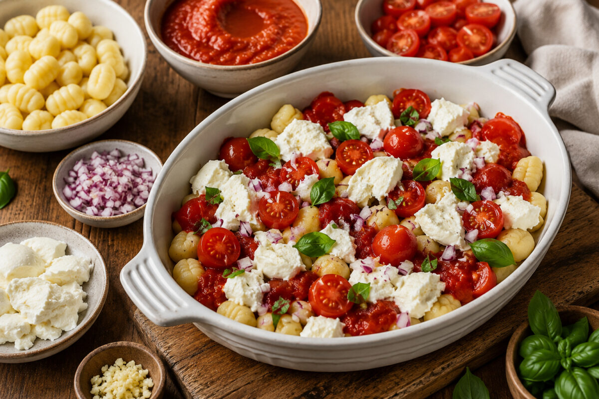 Zutaten- und Vorbereitungsansicht mit Gnocchi, Tomatensauce, Cherrytomaten, Mozzarella, Zwiebel, Knoblauch und Basilikum.