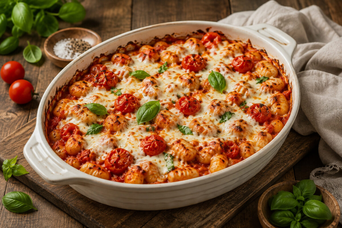 Fertiger Tomaten-Mozzarella-Gnocchi-Auflauf aus alternativer Perspektive in weißer Auflaufform.