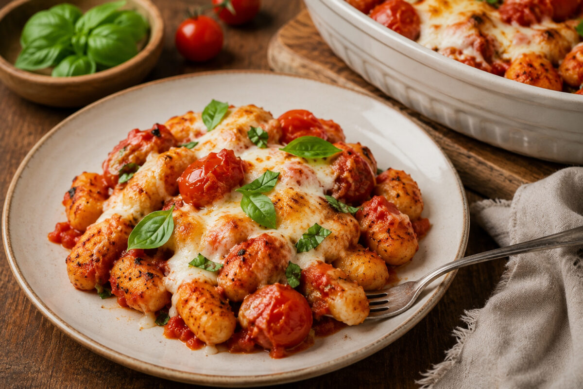 Servierszene mit angerichteter Portion Tomaten-Mozzarella-Gnocchi und sichtbarer Auflaufform im Hintergrund.