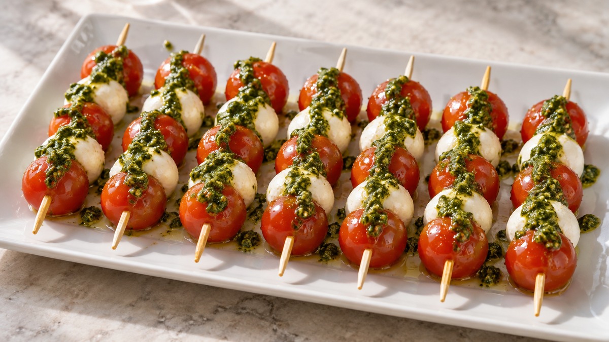 Tomaten-Mozzarella-Spieße mit Basilikum-Pesto: Fertiges Gericht als Hauptmotiv.