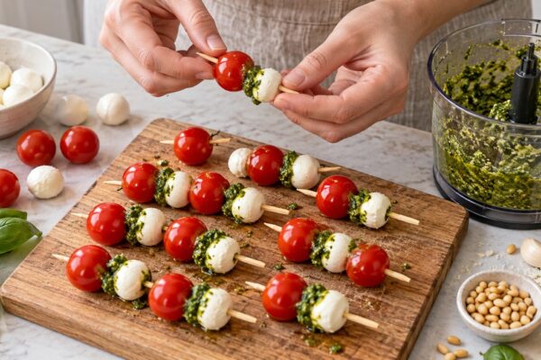 Tomaten-Mozzarella-Spieße mit Basilikum-Pesto: Zutaten und realer Vorbereitungsschritt.