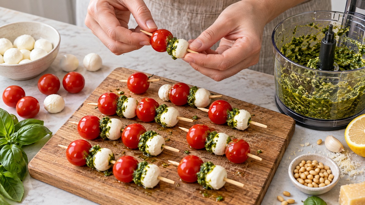 Tomaten-Mozzarella-Spieße mit Basilikum-Pesto: Zutaten und realer Vorbereitungsschritt.