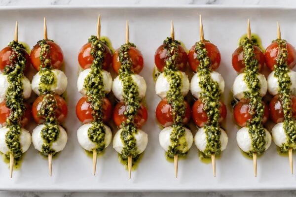 Tomaten-Mozzarella-Spieße mit Basilikum-Pesto: Fertiges Gericht aus anderer Perspektive.