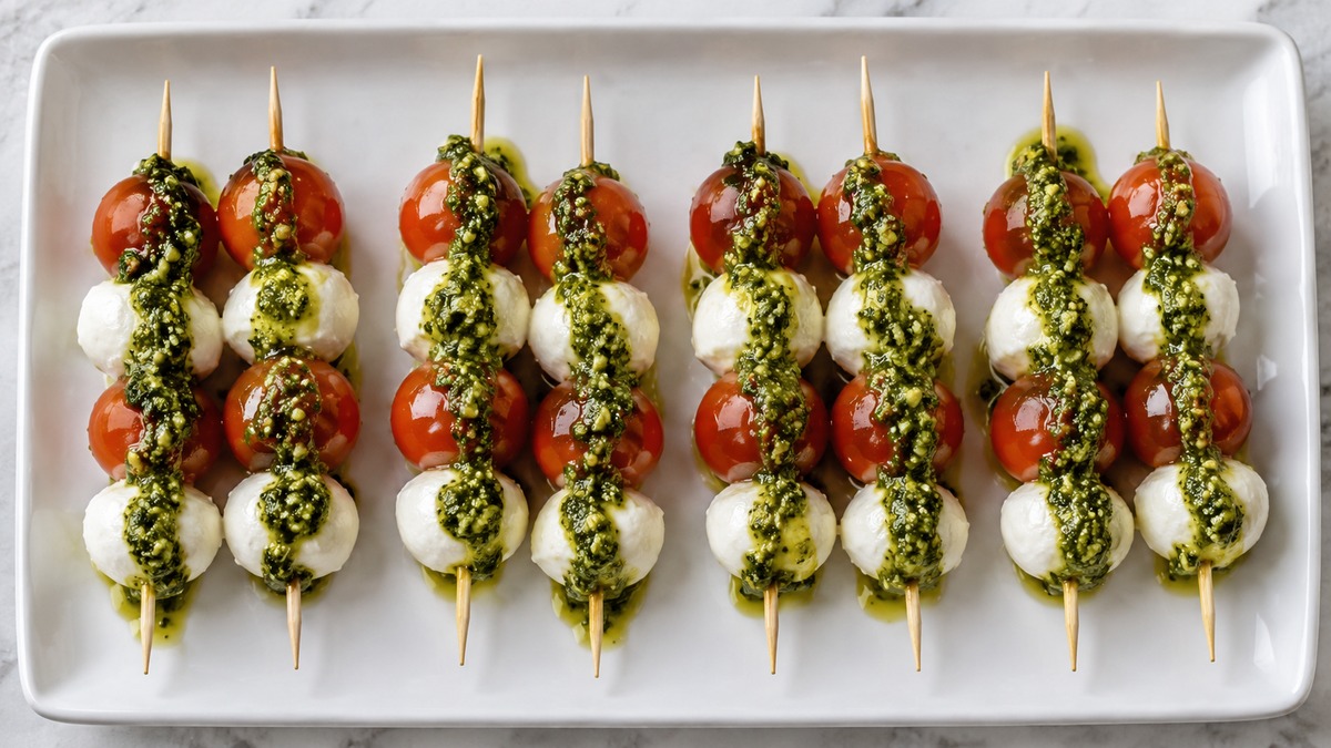 Tomaten-Mozzarella-Spieße mit Basilikum-Pesto: Fertiges Gericht aus anderer Perspektive.