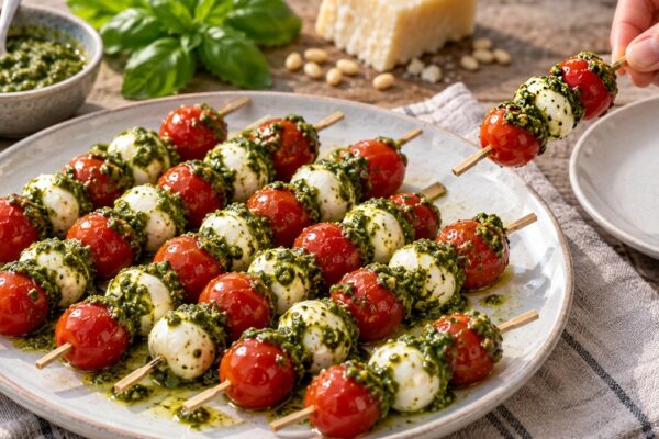 Tomaten-Mozzarella-Spieße mit Basilikum-Pesto: Aktive Anrichte- oder Servierszene.