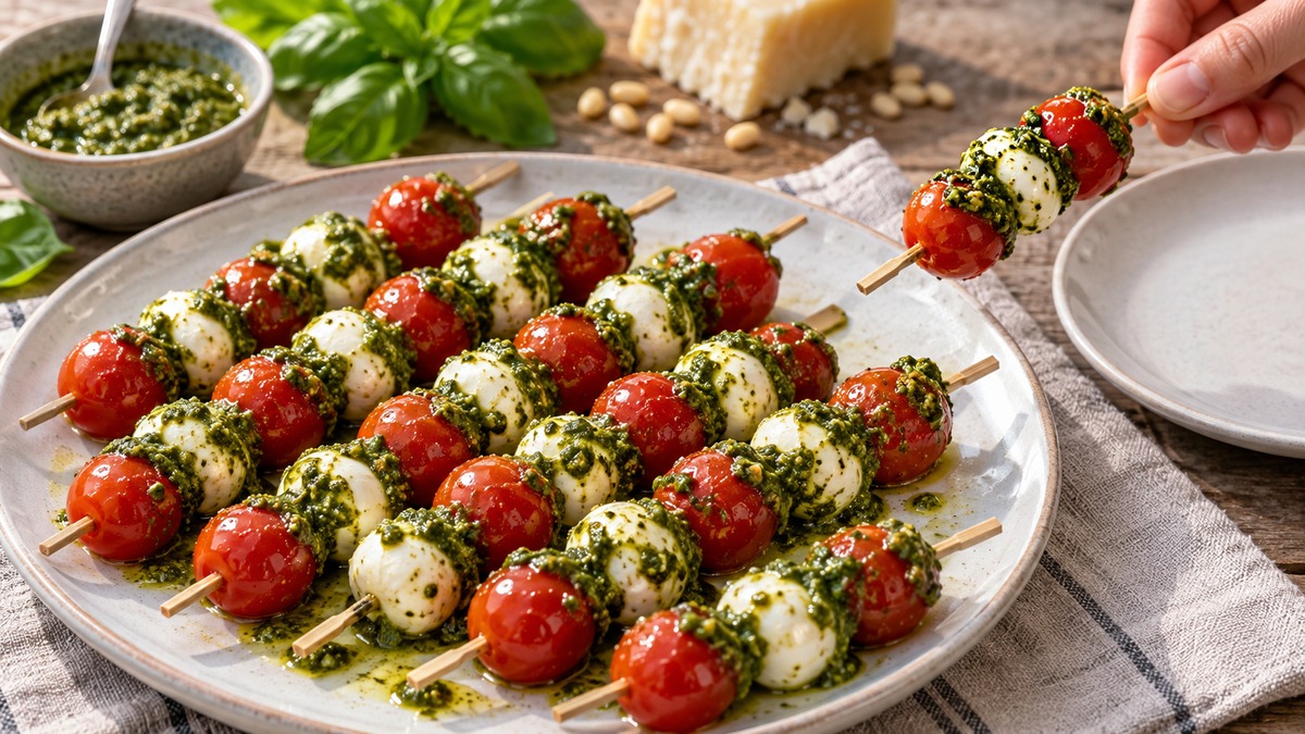 Tomaten-Mozzarella-Spieße mit Basilikum-Pesto: Aktive Anrichte- oder Servierszene.