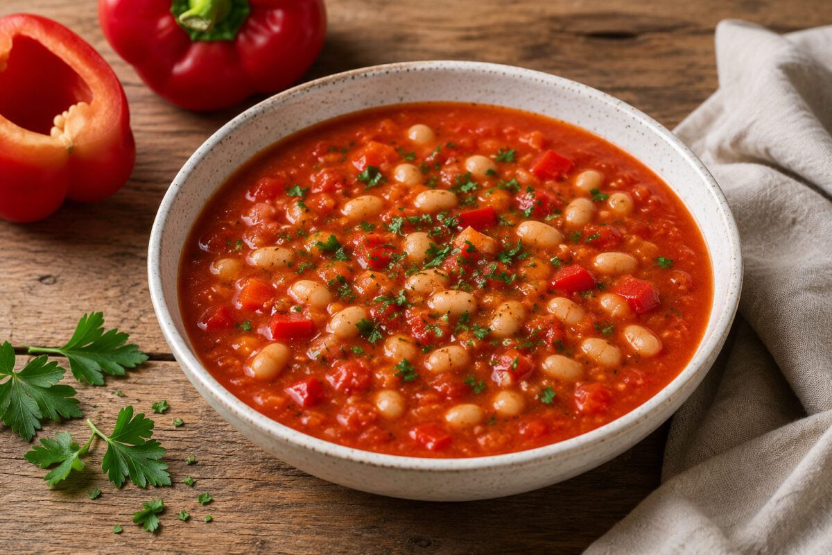 Leuchtend rote, leicht stückige Tomaten-Paprika-Suppe mit sichtbaren weißen Bohnen, Paprikawürfeln und Petersilie in heller gesprenkelter Keramikschüssel; rustikaler Holztisch, rote Paprika links, Petersilie links unten, neutrales Leinentuch rechts.