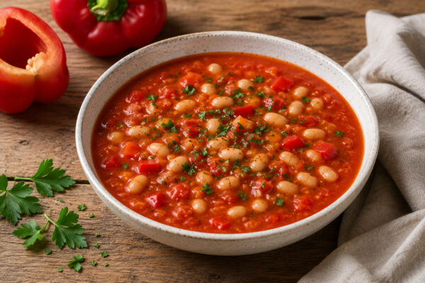 Leuchtend rote, leicht stückige Tomaten-Paprika-Suppe mit sichtbaren weißen Bohnen, Paprikawürfeln und Petersilie in heller gesprenkelter Keramikschüssel; rustikaler Holztisch, rote Paprika links, Petersilie links unten, neutrales Leinentuch rechts.