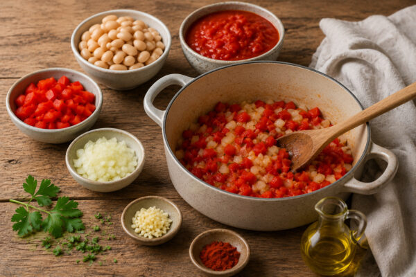 Vorbereitungsansicht mit weißen Bohnen, gewürfelter roter Paprika, Zwiebel, Knoblauch, stückigen Tomaten, Petersilie, Paprikapulver und Olivenöl; Topf mit angeschwitzten Zwiebel- und Paprikawürfeln.