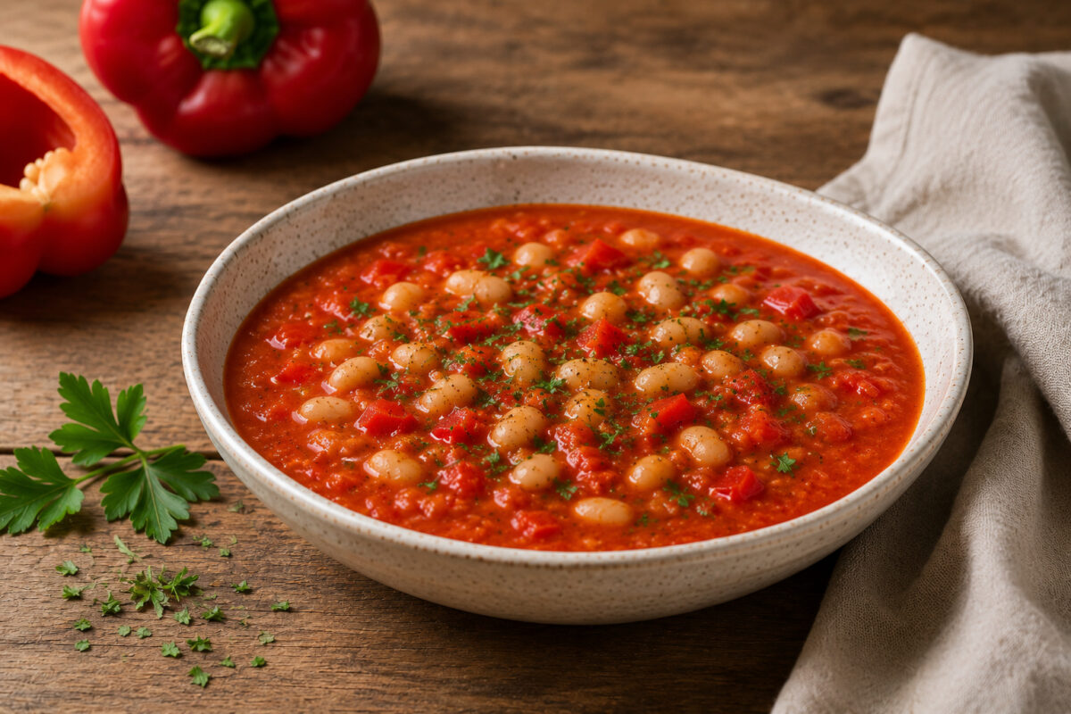 Fertige Tomaten-Paprika-Suppe mit weißen Bohnen in derselben hellen gesprenkelten Keramikschüssel, deutlich eigenständige Perspektive und Komposition.