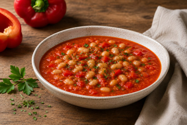 Fertige Tomaten-Paprika-Suppe mit weißen Bohnen in derselben hellen gesprenkelten Keramikschüssel, deutlich eigenständige Perspektive und Komposition.