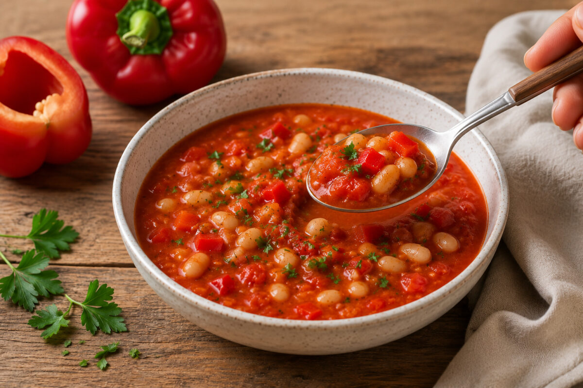 Servierdetail der fertigen Suppe; Löffel hebt Suppe mit weißen Bohnen und Paprikawürfeln aus derselben Schüssel.