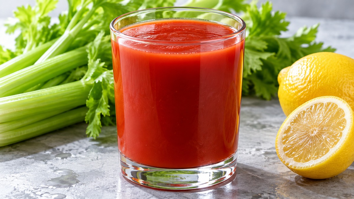 Tomaten-Sellerie-Drink: Fertiges Getränk als zentrales Hauptmotiv.