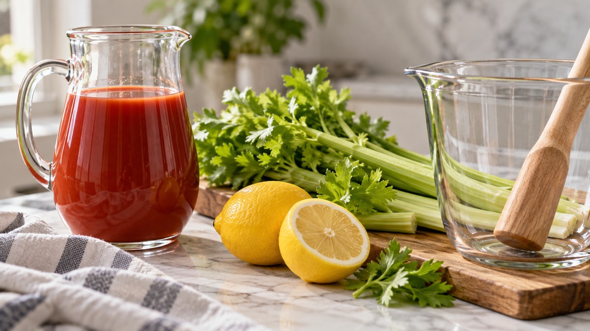 Tomaten-Sellerie-Drink: Verwendete Zutaten und nachvollziehbare Vorbereitung.