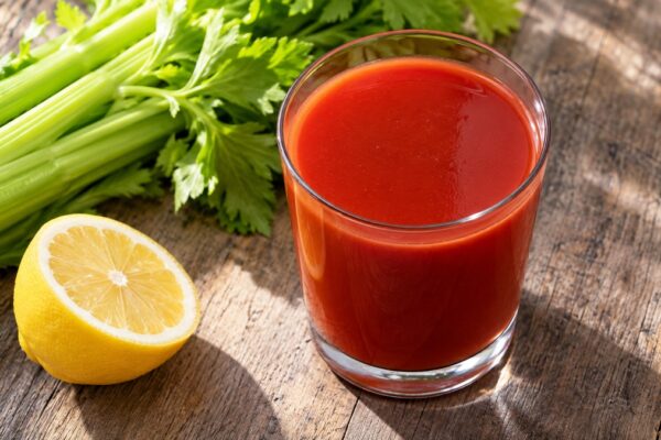 Tomaten-Sellerie-Drink: Fertiges Getränk aus einer alternativen Perspektive.