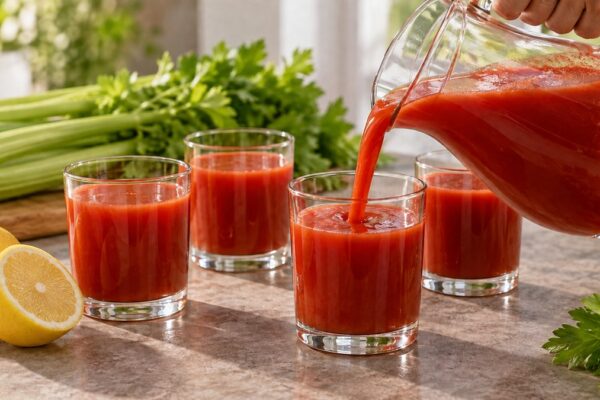Tomaten-Sellerie-Drink: Alternative Anrichtung oder aktive Servierszene.