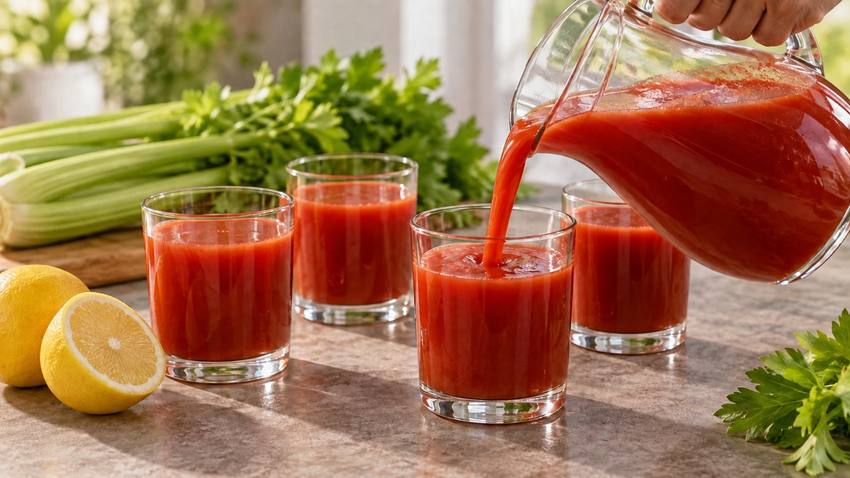Tomaten-Sellerie-Drink: Alternative Anrichtung oder aktive Servierszene.