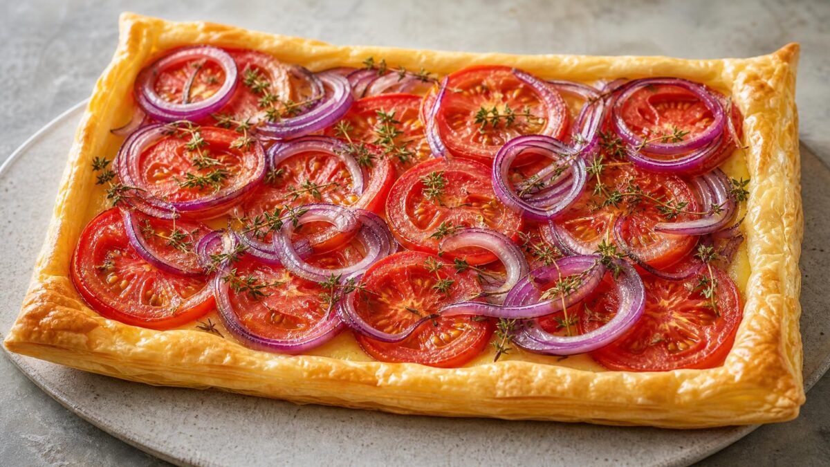 Hauptansicht des fertigen Gerichts. Rezept: Tomaten-Zwiebel-Tarte mit Kräutern