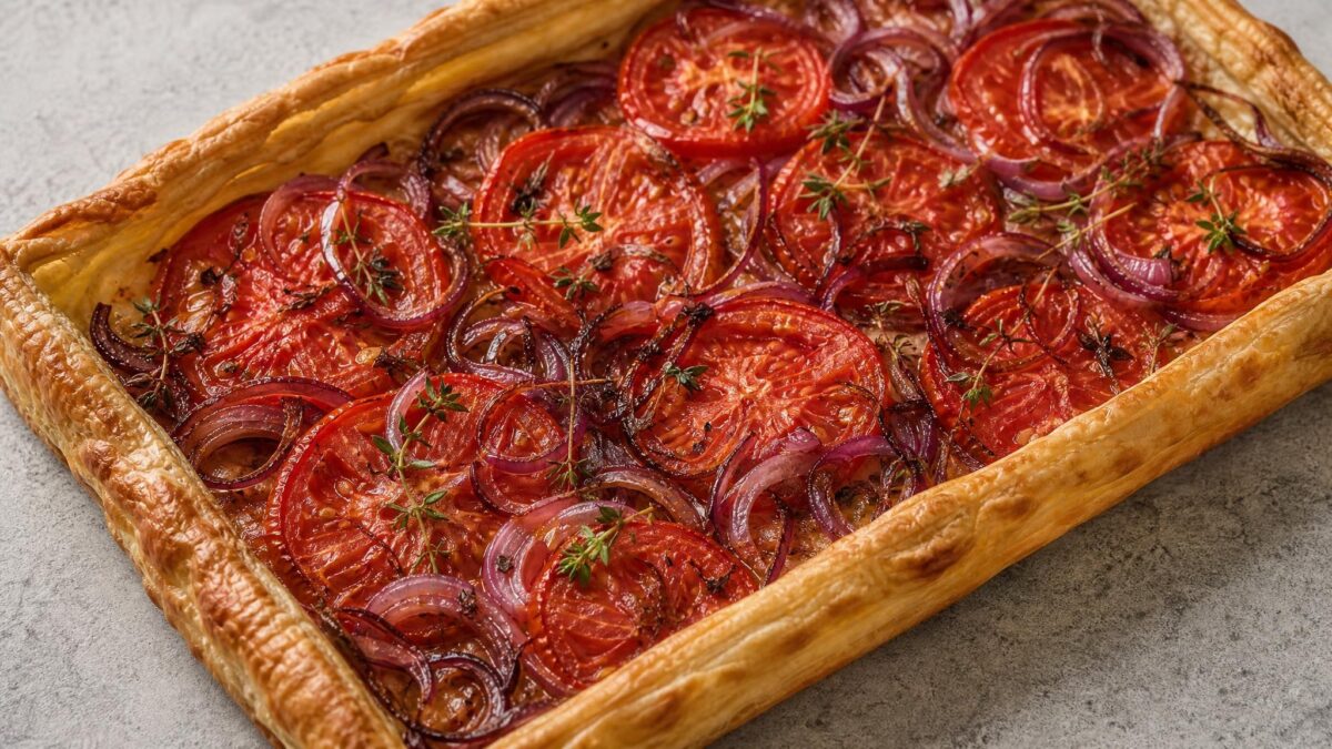 Fertiges Gericht aus einer alternativen Perspektive. Rezept: Tomaten-Zwiebel-Tarte mit Kräutern