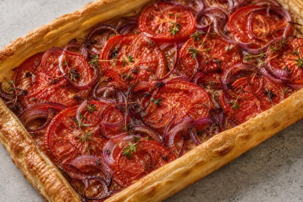 Fertiges Gericht aus einer alternativen Perspektive. Rezept: Tomaten-Zwiebel-Tarte mit Kräutern
