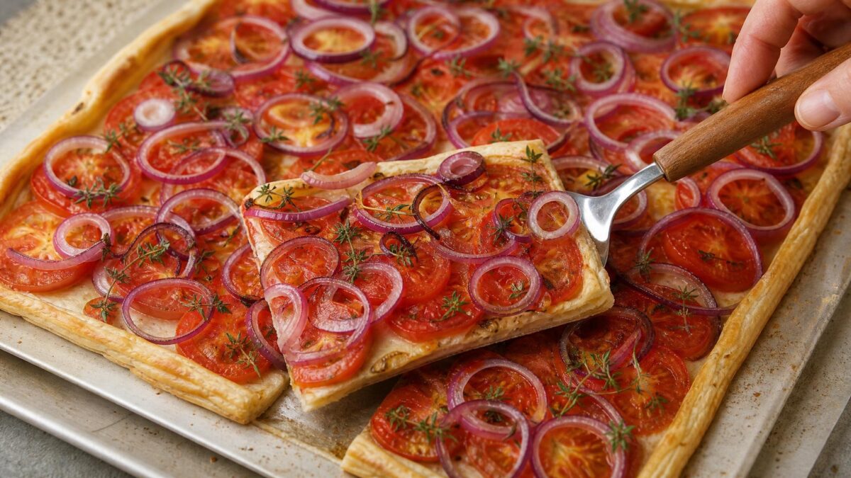Servierszene mit dem fertigen Gericht. Rezept: Tomaten-Zwiebel-Tarte mit Kräutern