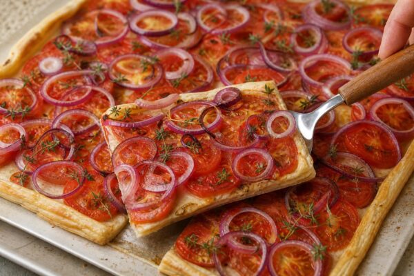Servierszene mit dem fertigen Gericht. Rezept: Tomaten-Zwiebel-Tarte mit Kräutern