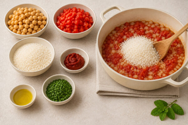 Zutaten- und Vorbereitungsansicht mit Reis, Kichererbsen, Tomaten, Zwiebel, Tomatenmark, Olivenöl und Kräutern.