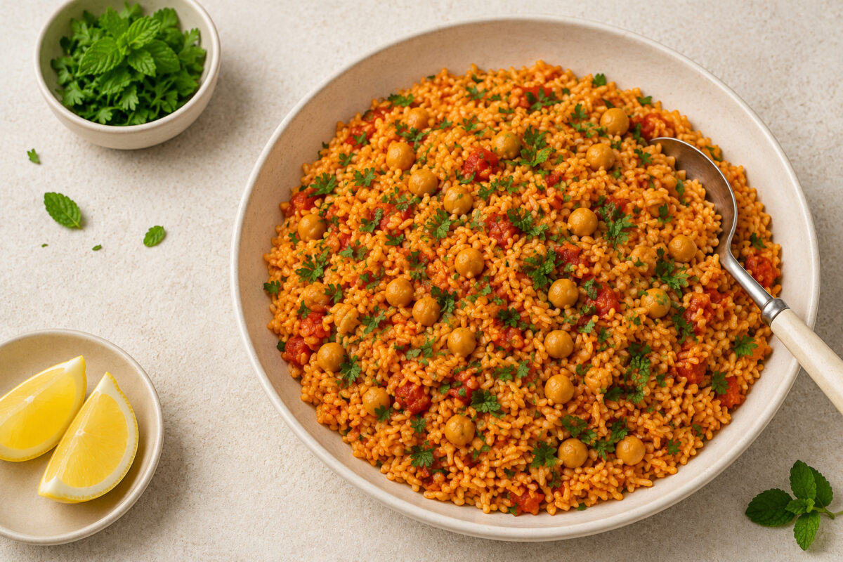 Fertiger Tomatenreis mit Kichererbsen aus deutlich anderer, stärker von oben gezeigter Perspektive.