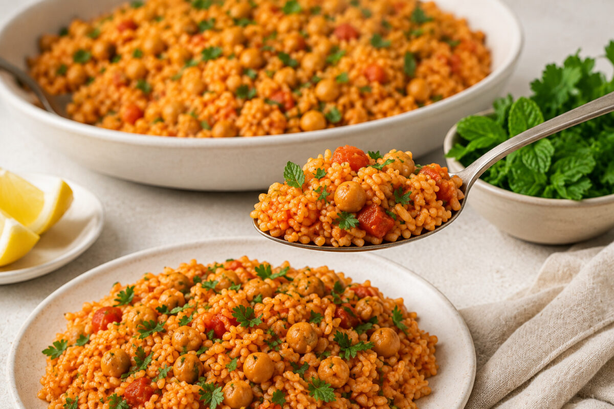 Servierszene mit angehobener Portion Tomatenreis, Kichererbsen, Tomatenstücken und Kräutern.