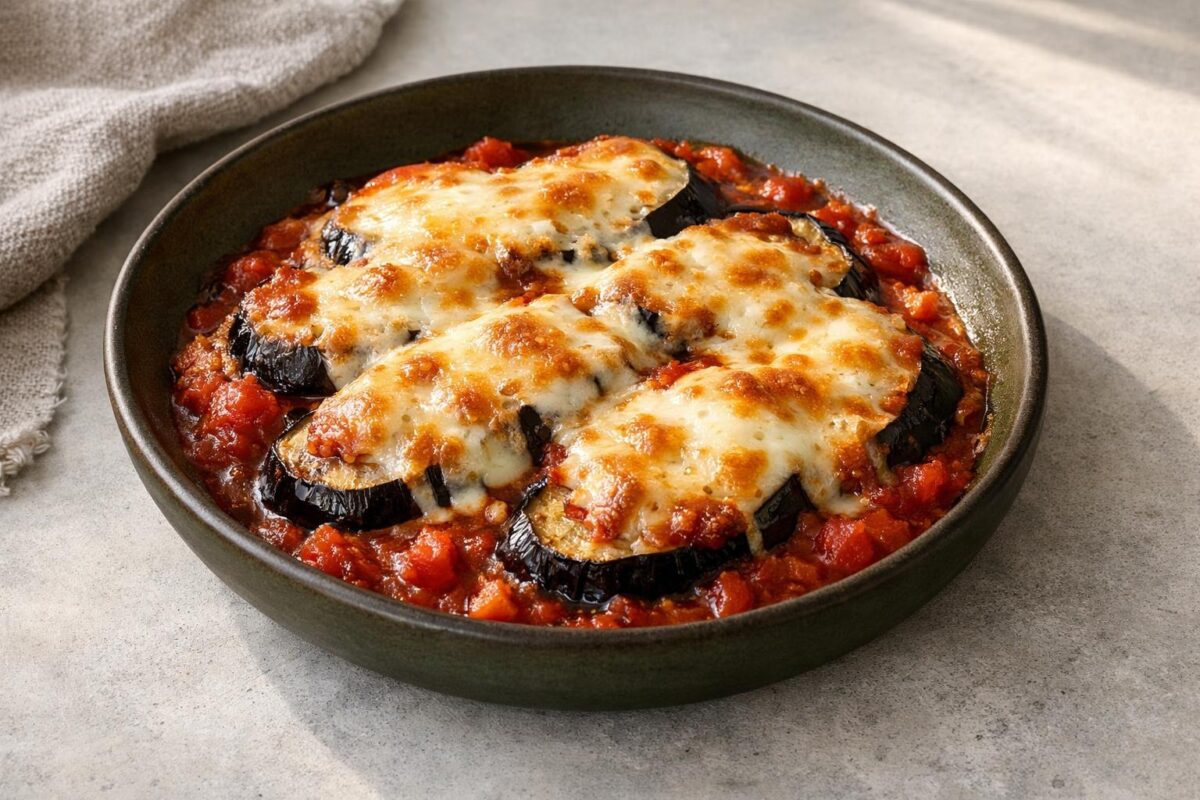 Hauptansicht des fertigen Gerichts. Rezept: Überbackene Auberginen mit Tomatensauce