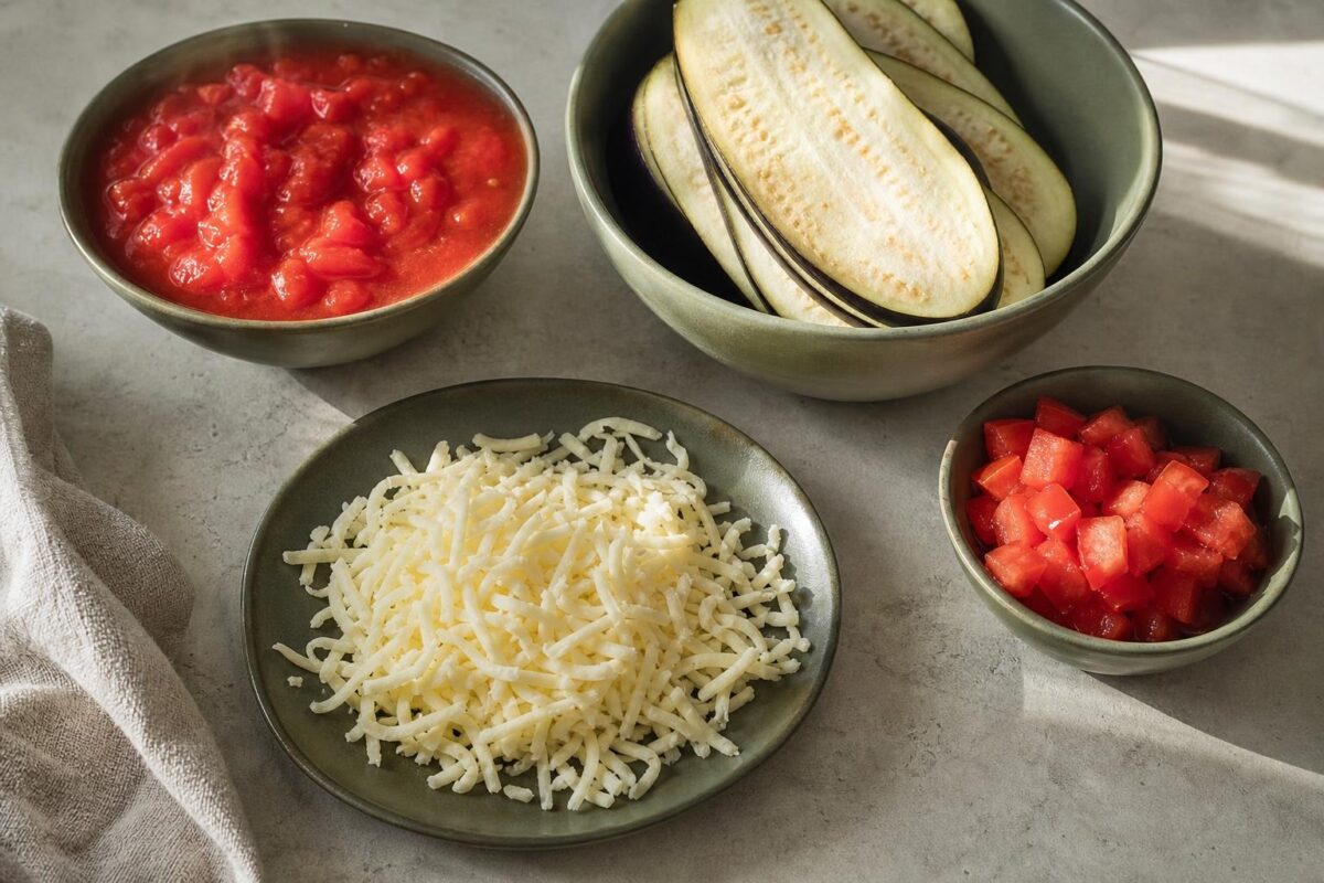 Zutaten- und Vorbereitungsansicht. Rezept: Überbackene Auberginen mit Tomatensauce