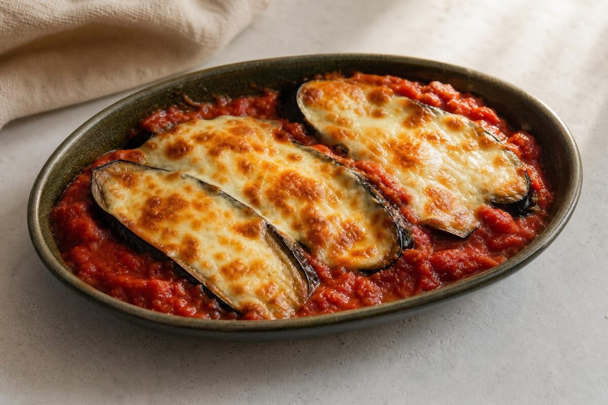 Fertiges Gericht aus einer alternativen Perspektive. Rezept: Überbackene Auberginen mit Tomatensauce