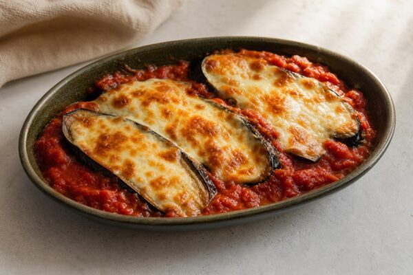 Fertiges Gericht aus einer alternativen Perspektive. Rezept: Überbackene Auberginen mit Tomatensauce