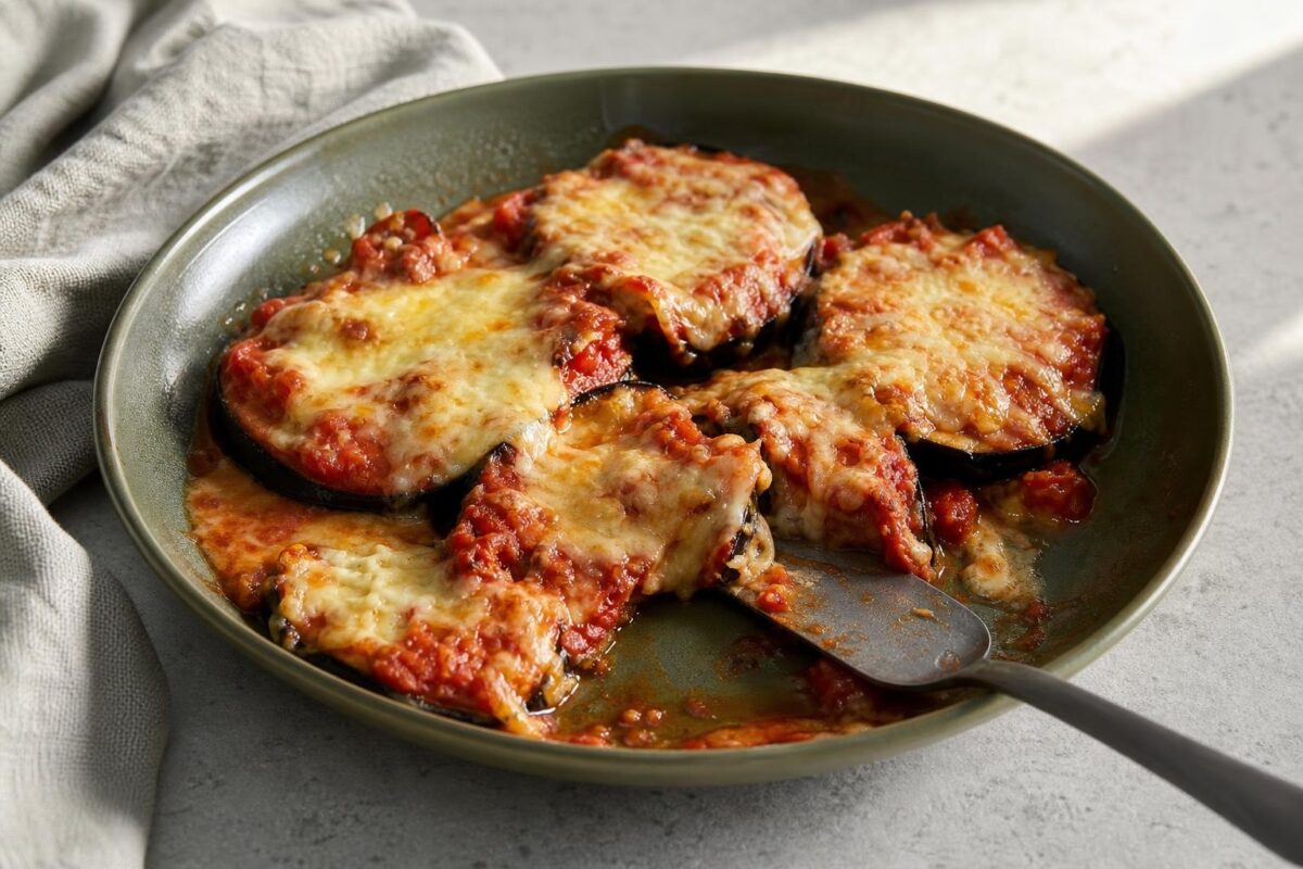 Servierszene mit dem fertigen Gericht. Rezept: Überbackene Auberginen mit Tomatensauce