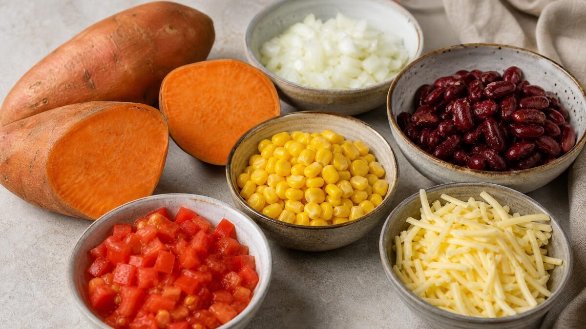 Zutaten- und Vorbereitungsansicht. Rezept: Überbackene Süßkartoffeln mit Bohnen und Mais