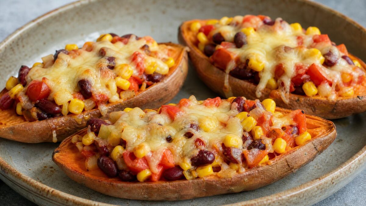 Fertiges Gericht aus einer alternativen Perspektive. Rezept: Überbackene Süßkartoffeln mit Bohnen und Mais