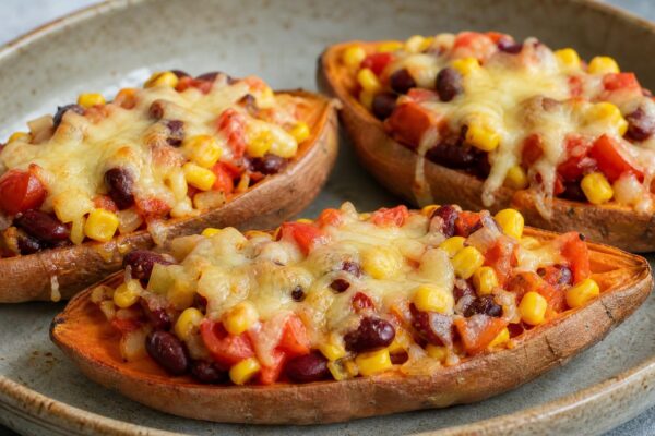 Fertiges Gericht aus einer alternativen Perspektive. Rezept: Überbackene Süßkartoffeln mit Bohnen und Mais