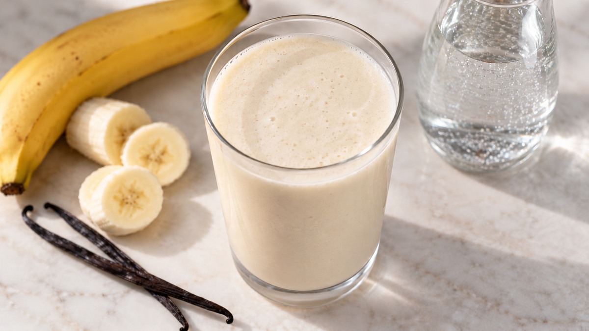Vanille-Mandel-Shake: Fertiges Getränk aus einer alternativen Perspektive.