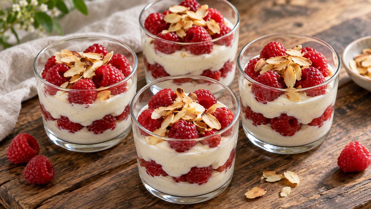 Vanille-Quarkcreme mit Himbeeren und Mandeln