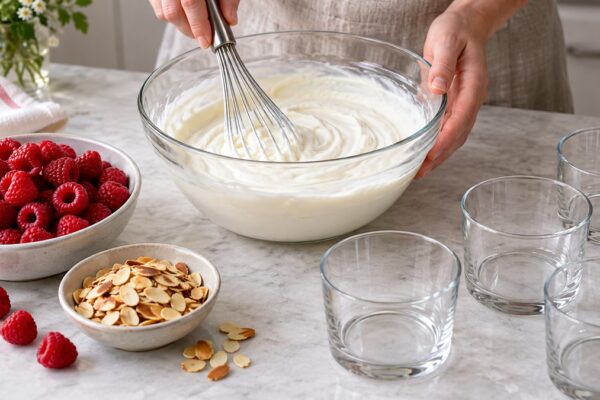 Vanille-Quarkcreme mit Himbeeren und Mandeln