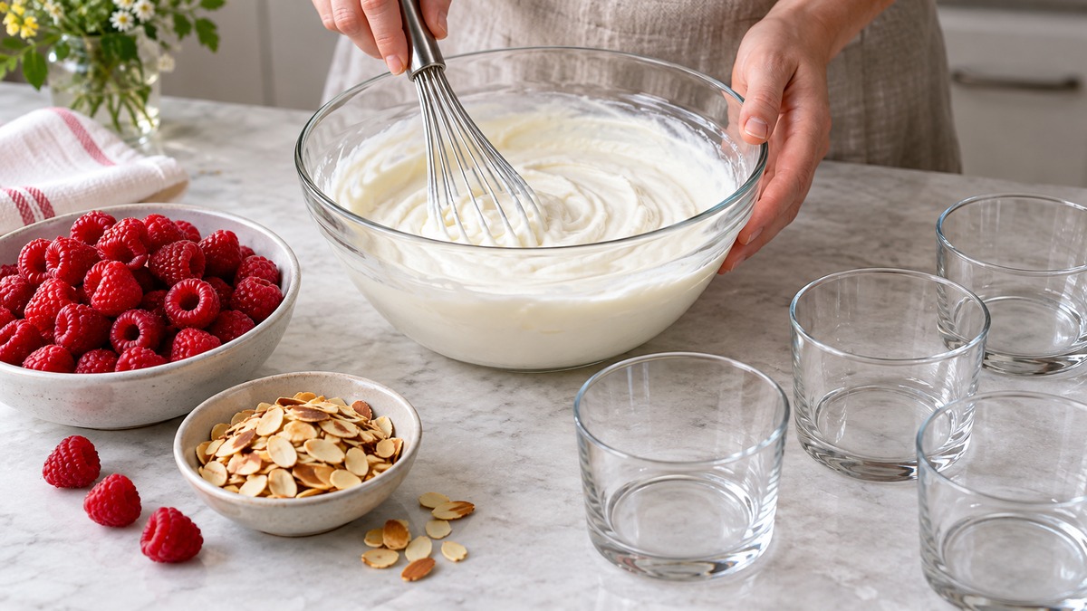 Vanille-Quarkcreme mit Himbeeren und Mandeln