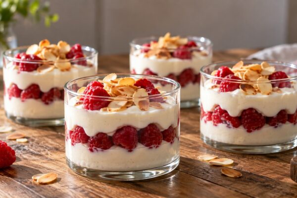 Vanille-Quarkcreme mit Himbeeren und Mandeln