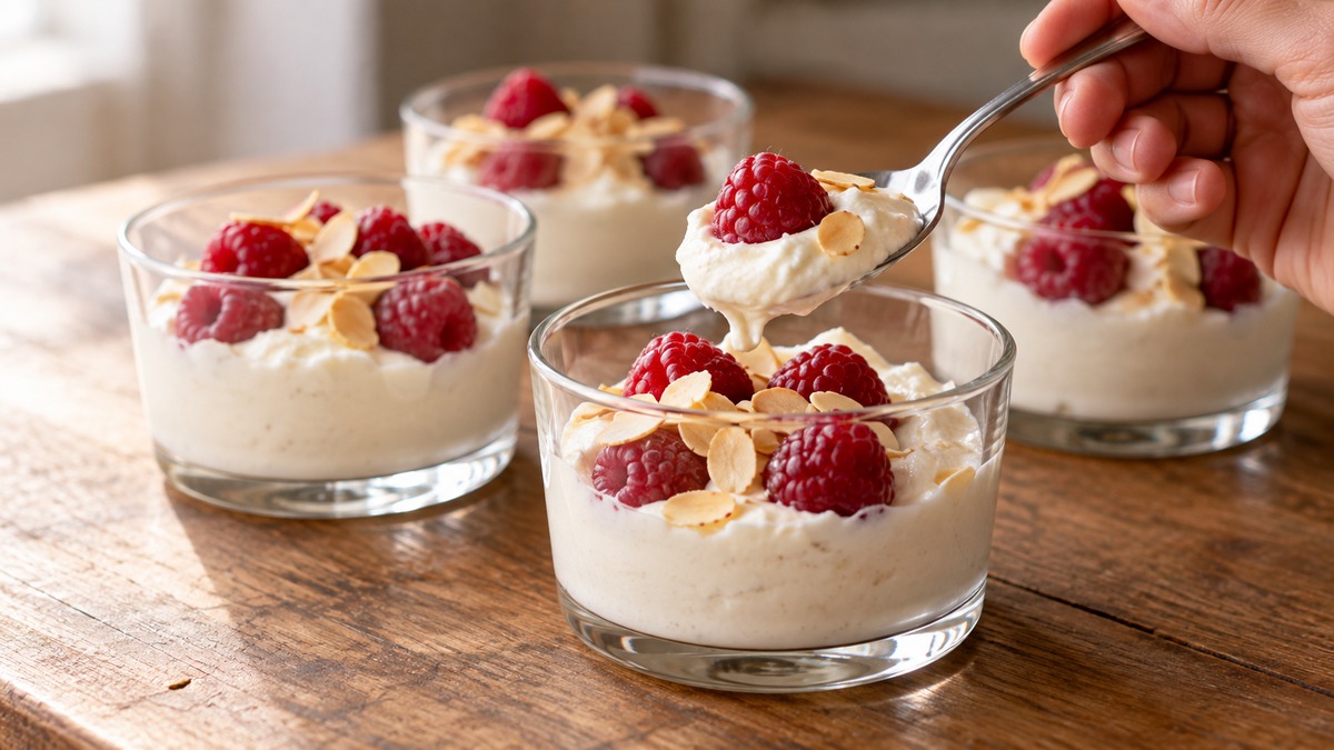 Vanille-Quarkcreme mit Himbeeren und Mandeln