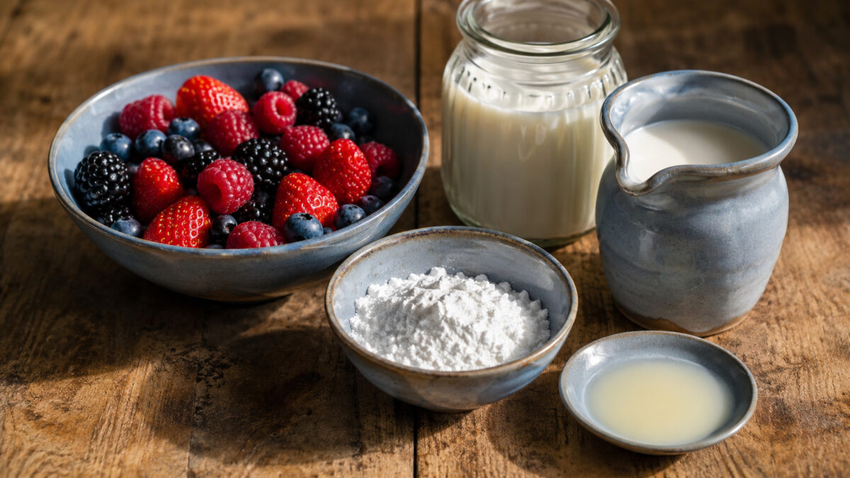 Zutaten- und Vorbereitungsansicht. Rezept: Vanillepudding mit Beerenkompott