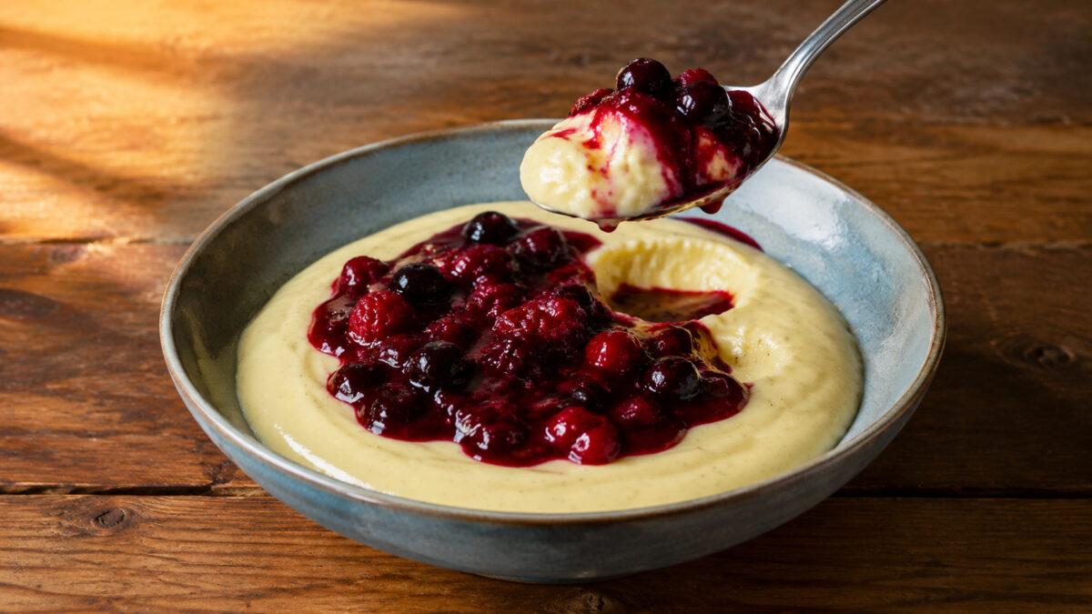 Servierszene mit dem fertigen Gericht. Rezept: Vanillepudding mit Beerenkompott