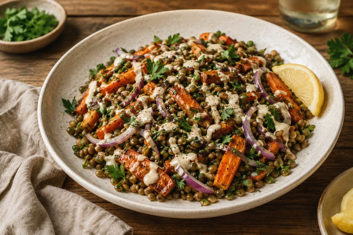 Große flache helle Keramikschale mit grünen Linsen, gerösteten Karottenstiften, roten Zwiebelringen, Petersilie, Tahini-Dressing und Zitronenspalte.
